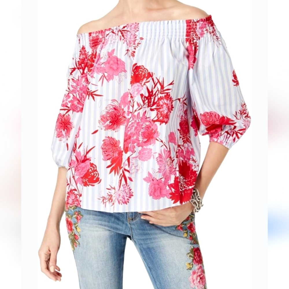 International Concepts Women's cotton striped floral off the shoulder blouse XXL